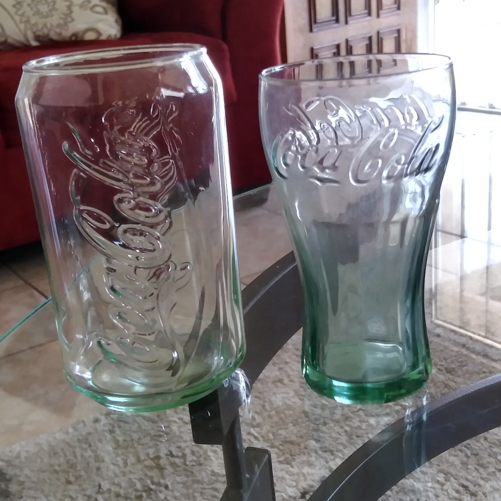 Collectibles.12oz Coca Cola Glass Can Shaped Drinking Glass & one 6oz glass